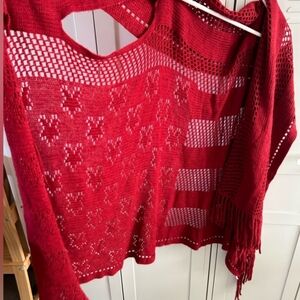🌙 American Flag  Stars And Stripes Crochet Red Fringe Poncho
